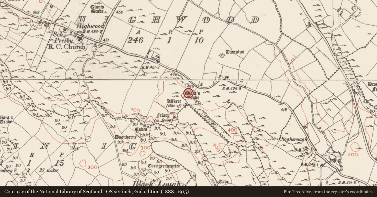 Ordnance Survey six-inch map, 2nd edition (1888–1915) covering the location of Hut site, Highwood, County Sligo, with a pin at the register's coordinates