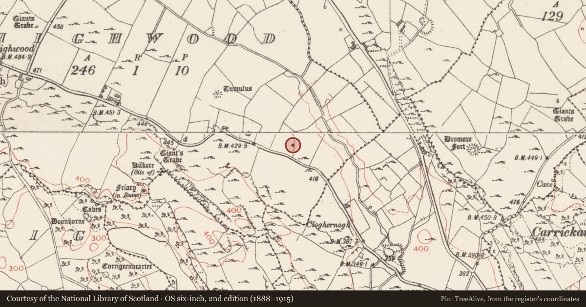 Ordnance Survey six-inch map, 2nd edition (1888–1915) covering the location of Barrow - unclassified, Highwood, County Sligo, with a pin at the register's coordinates