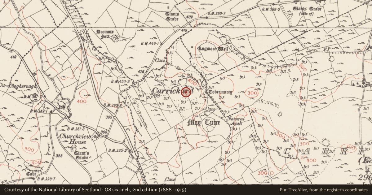 Ordnance Survey six-inch map, 2nd edition (1888–1915) covering the location of Earthwork, Carrickard, County Sligo, with a pin at the register's coordinates