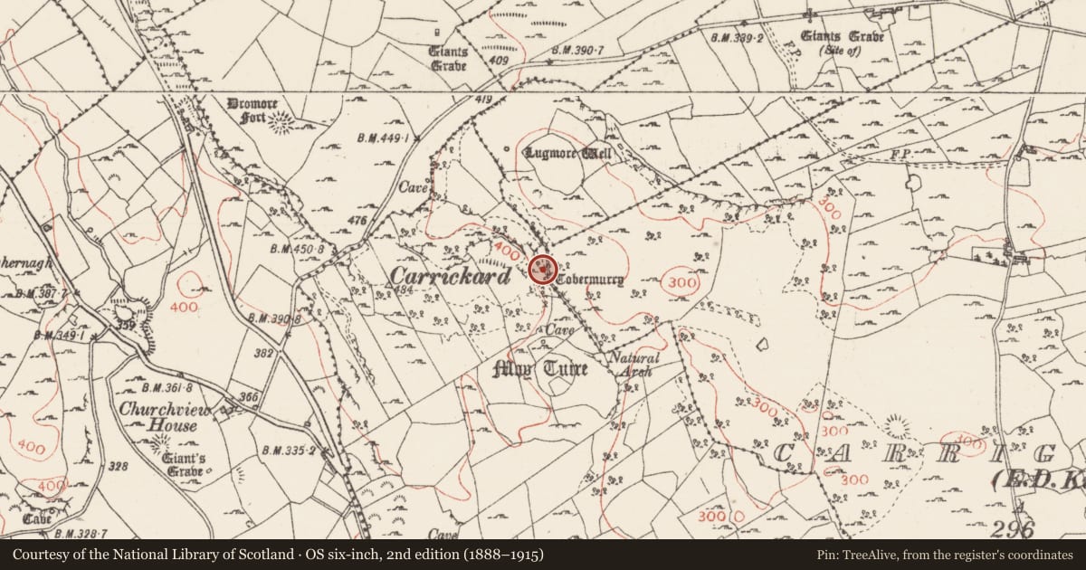 Ordnance Survey six-inch map, 2nd edition (1888–1915) covering the location of Ritual site - holy well, Carrickard, County Sligo, with a pin at the register's coordinates