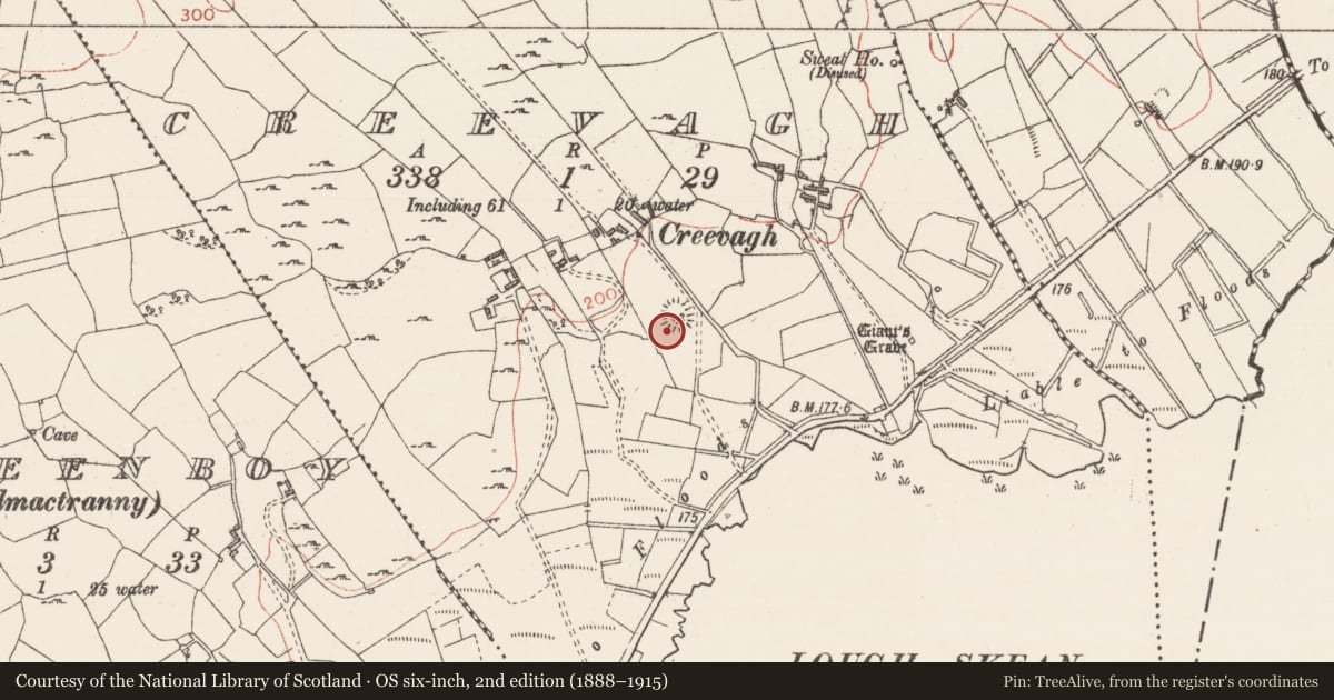 Ordnance Survey six-inch map, 2nd edition (1888–1915) covering the location of Ringfort - cashel, Creevagh, County Sligo, with a pin at the register's coordinates