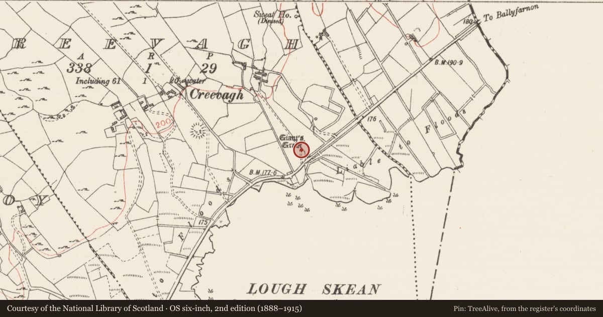 Ordnance Survey six-inch map, 2nd edition (1888–1915) covering the location of Hut site, Creevagh, County Sligo, with a pin at the register's coordinates