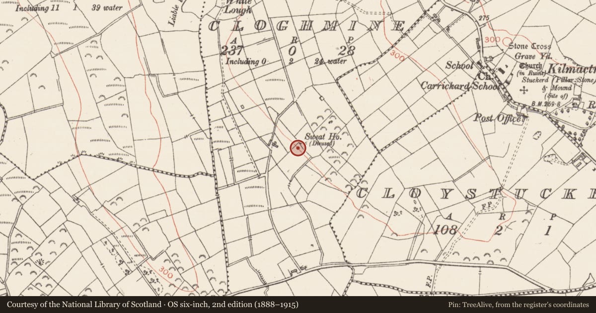 Ordnance Survey six-inch map, 2nd edition (1888–1915) covering the location of Sweathouse, Cloghmine, County Sligo, with a pin at the register's coordinates