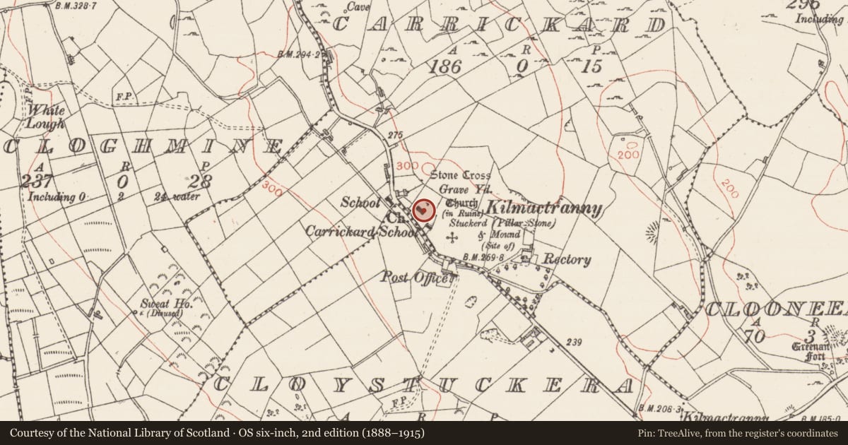 Ordnance Survey six-inch map, 2nd edition (1888–1915) covering the location of Church, Carrickard, County Sligo, with a pin at the register's coordinates