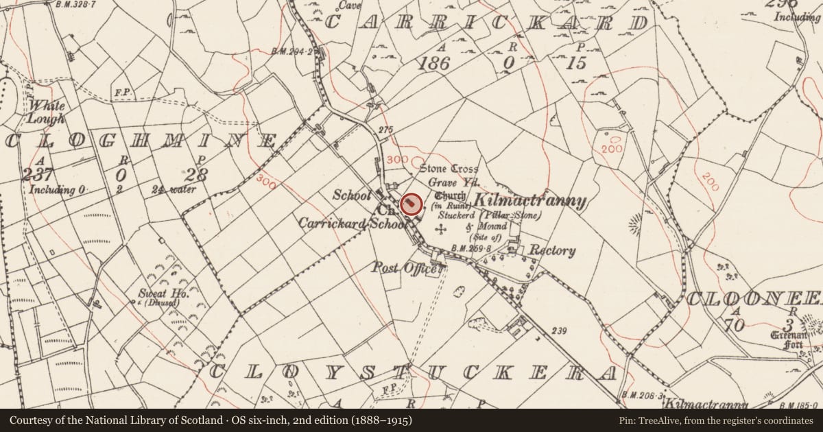 Ordnance Survey six-inch map, 2nd edition (1888–1915) covering the location of Graveyard, Carrickard, County Sligo, with a pin at the register's coordinates