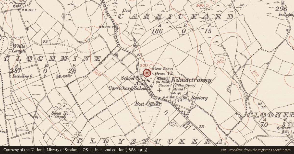 Ordnance Survey six-inch map, 2nd edition (1888–1915) covering the location of Cross, Carrickard, County Sligo, with a pin at the register's coordinates