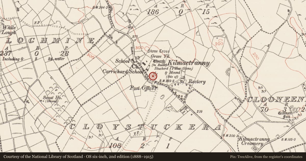 Ordnance Survey six-inch map, 2nd edition (1888–1915) covering the location of Barrow - unclassified, Carrickard, County Sligo, with a pin at the register's coordinates
