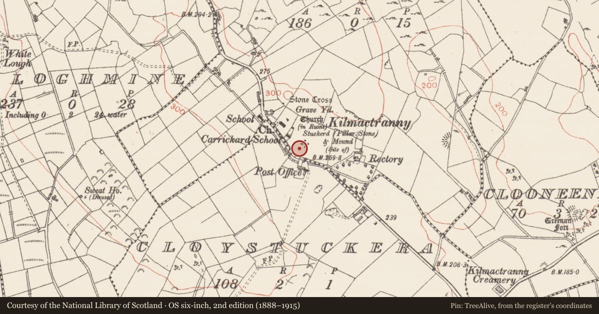 Ordnance Survey six-inch map, 2nd edition (1888–1915) covering the location of Standing stone, Carrickard, County Sligo, with a pin at the register's coordinates