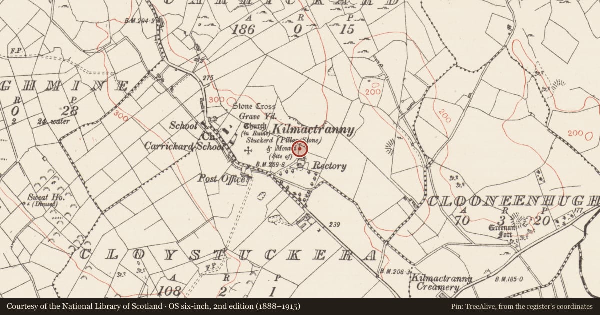 Ordnance Survey six-inch map, 2nd edition (1888–1915) covering the location of Enclosure, Carrickard, County Sligo, with a pin at the register's coordinates