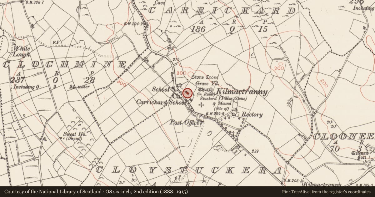 Ordnance Survey six-inch map, 2nd edition (1888–1915) covering the location of Cross, Carrickard, County Sligo, with a pin at the register's coordinates