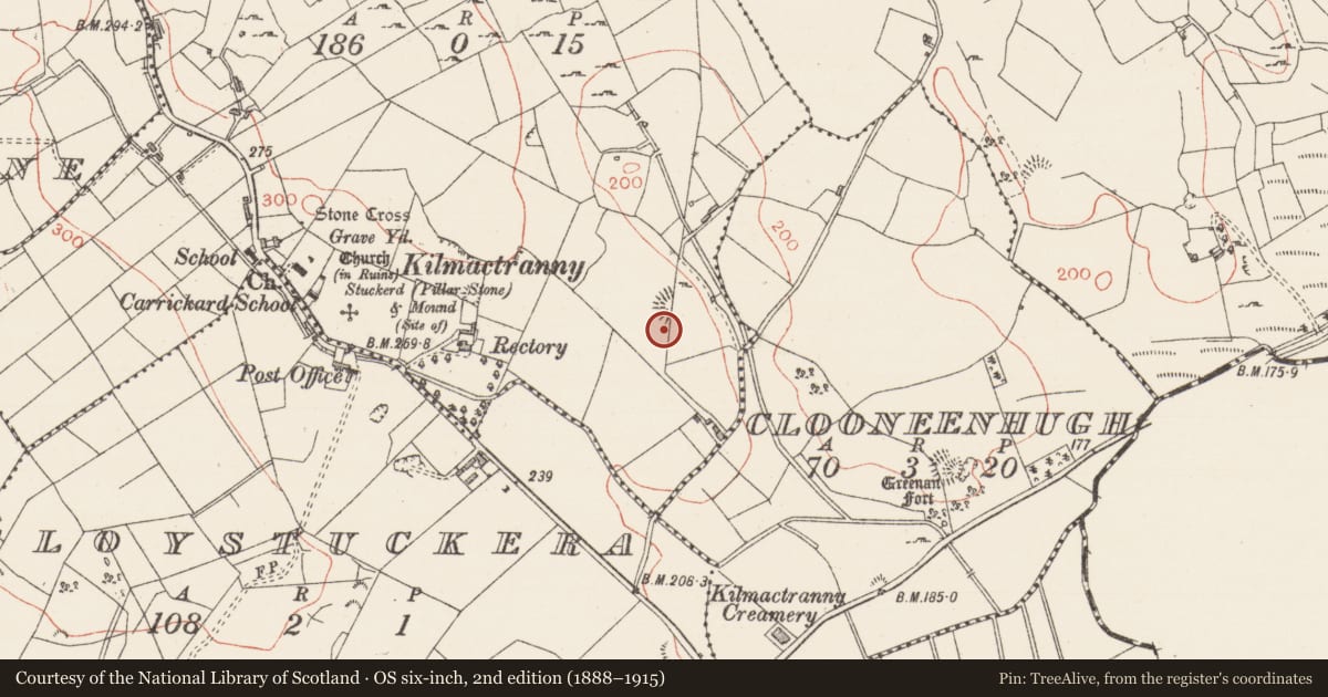 Ordnance Survey six-inch map, 2nd edition (1888–1915) covering the location of Ringfort - rath, Carrickard, County Sligo, with a pin at the register's coordinates
