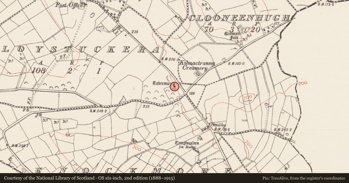 Ordnance Survey six-inch map, 2nd edition (1888–1915) covering the location of Ritual site - holy well, Cloystuckera, County Sligo, with a pin at the register's coordinates