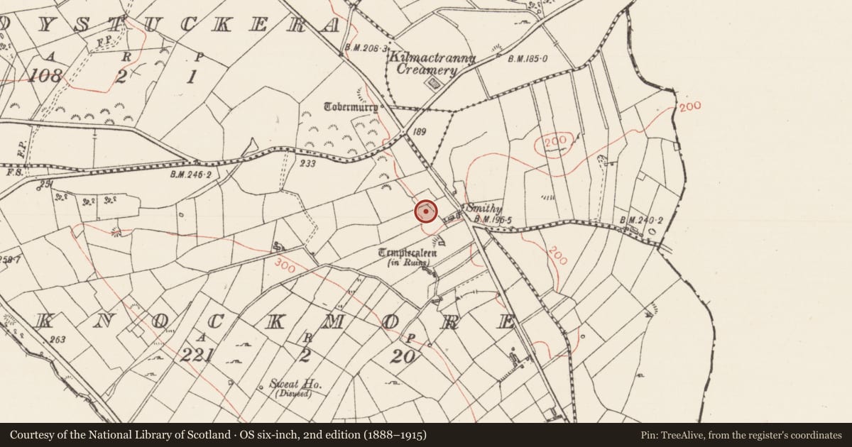 Ordnance Survey six-inch map, 2nd edition (1888–1915) covering the location of Ritual site - holy well, Knockmore, County Sligo, with a pin at the register's coordinates