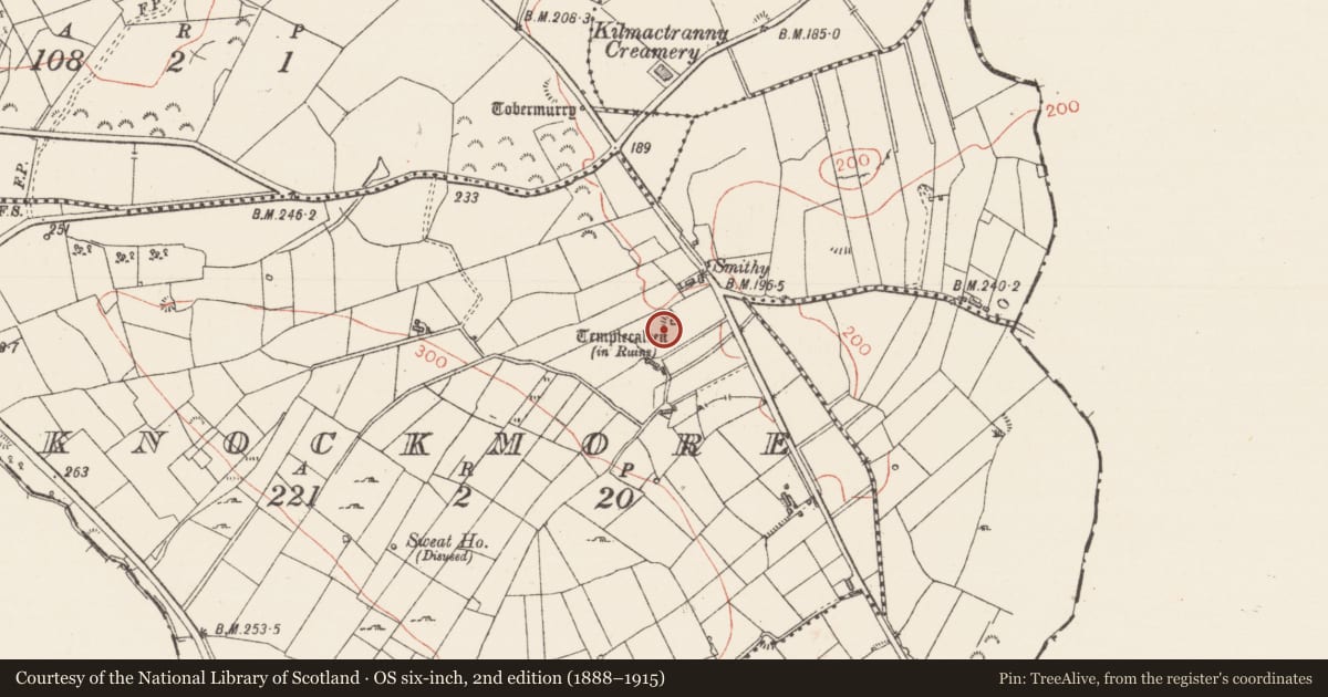 Ordnance Survey six-inch map, 2nd edition (1888–1915) covering the location of Church, Knockmore, County Sligo, with a pin at the register's coordinates