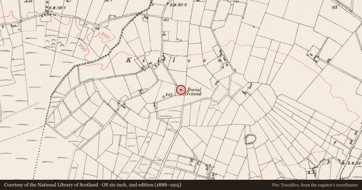 Ordnance Survey six-inch map, 2nd edition (1888–1915) covering the location of Bullaun stone, Montiagh, County Sligo, with a pin at the register's coordinates
