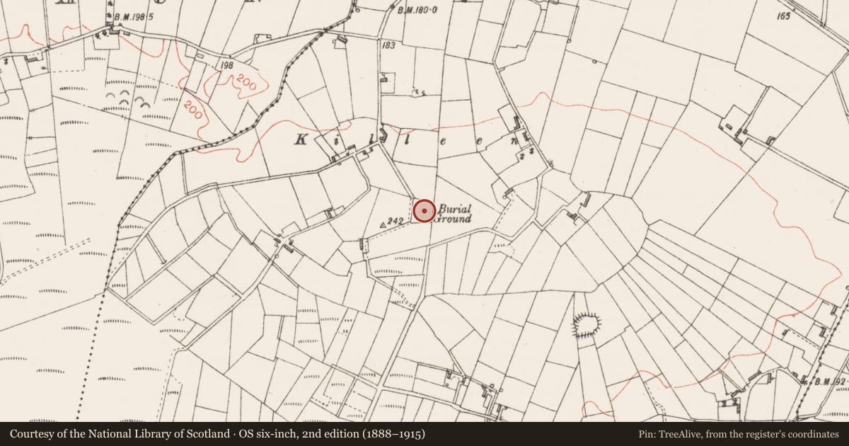 Ordnance Survey six-inch map, 2nd edition (1888–1915) covering the location of Cross-inscribed stone, Montiagh, County Sligo, with a pin at the register's coordinates