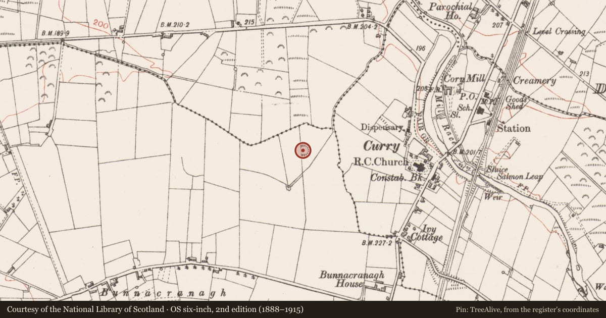 Ordnance Survey six-inch map, 2nd edition (1888–1915) covering the location of Earthwork, Bunnacranagh, County Sligo, with a pin at the register's coordinates