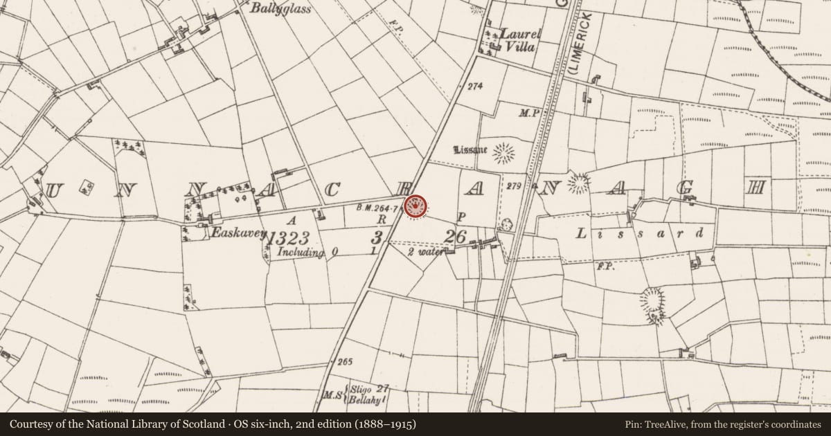 Ordnance Survey six-inch map, 2nd edition (1888–1915) covering the location of Ringfort - rath, Bunnacranagh, County Sligo, with a pin at the register's coordinates