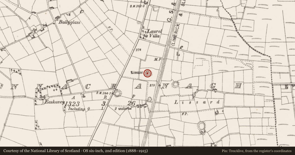 Ordnance Survey six-inch map, 2nd edition (1888–1915) covering the location of Ringfort - rath, Bunnacranagh, County Sligo, with a pin at the register's coordinates
