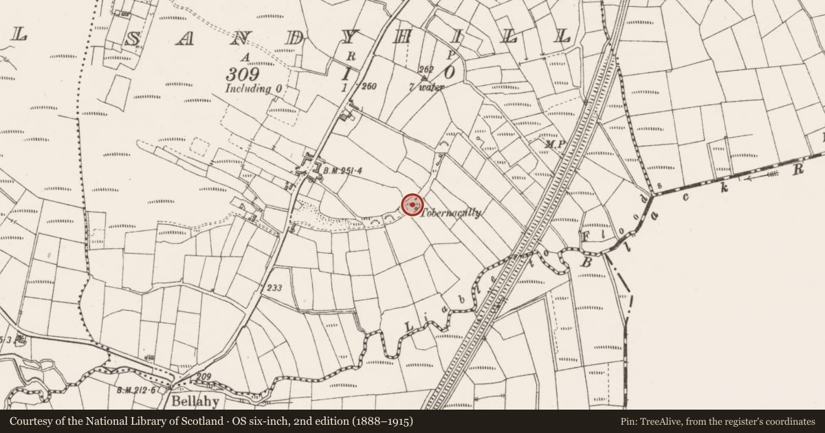 Ordnance Survey six-inch map, 2nd edition (1888–1915) covering the location of Ritual site - holy well, Sandyhill, County Sligo, with a pin at the register's coordinates