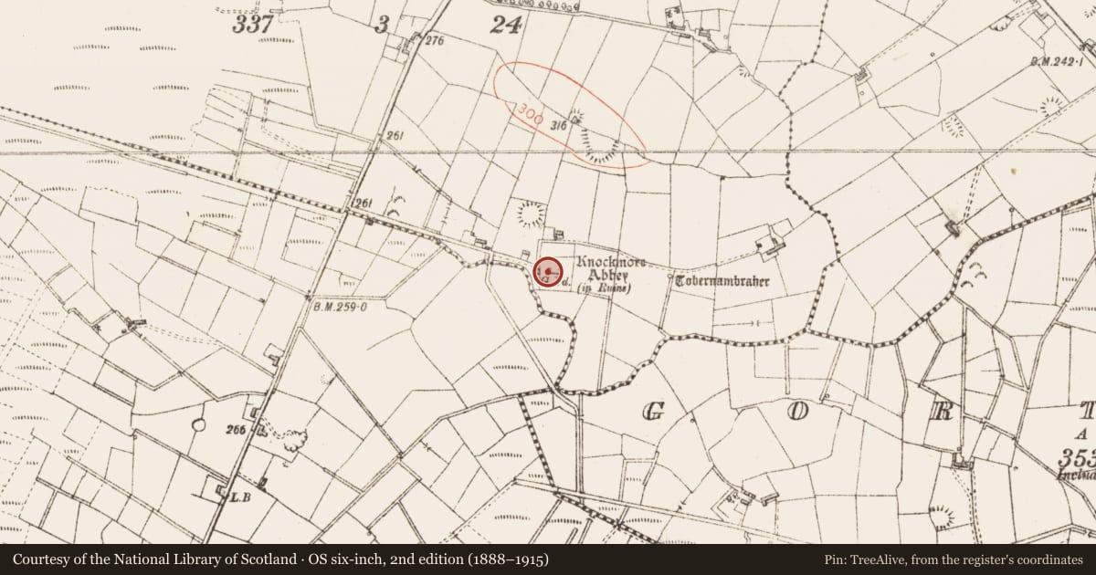 Ordnance Survey six-inch map, 2nd edition (1888–1915) covering the location of Graveyard, Mountirvine, County Sligo, with a pin at the register's coordinates