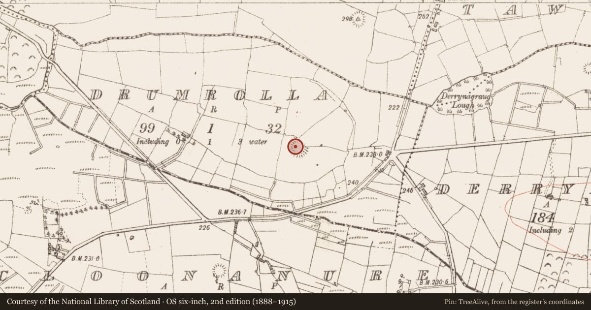 Ordnance Survey six-inch map, 2nd edition (1888–1915) covering the location of Souterrain, Drumrolla, County Sligo, with a pin at the register's coordinates