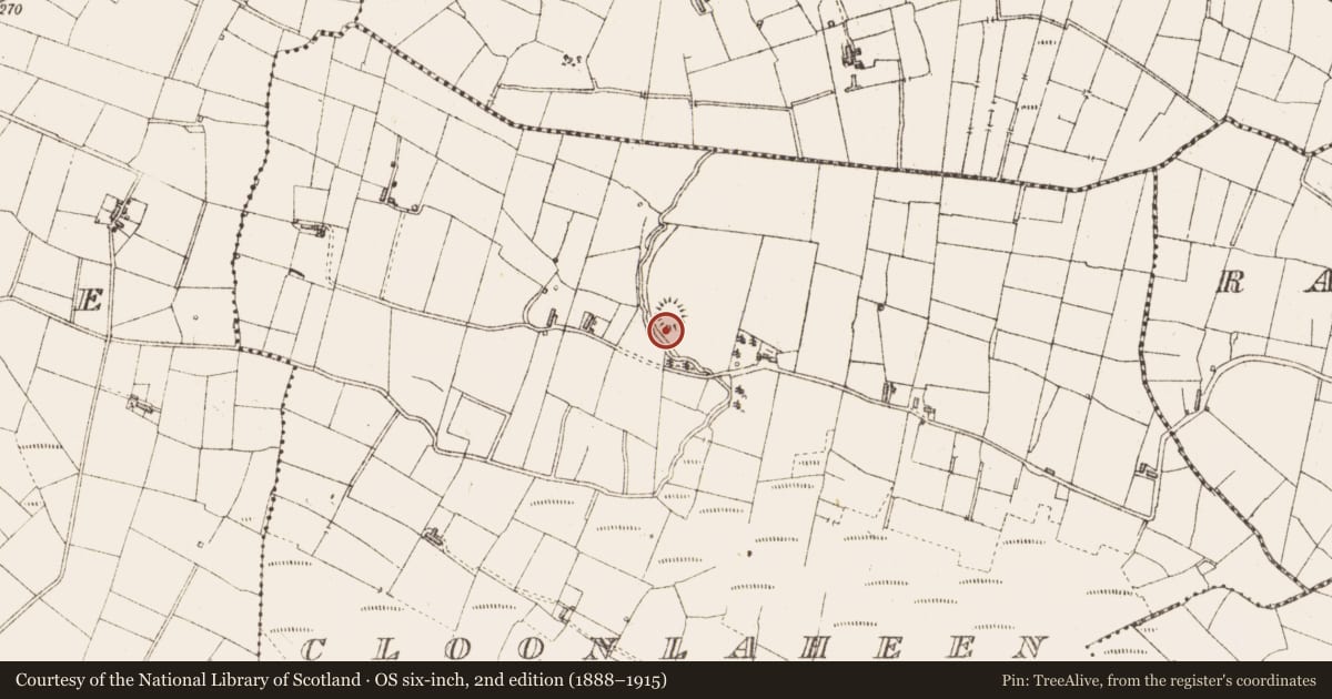Ordnance Survey six-inch map, 2nd edition (1888–1915) covering the location of Enclosure, Cloonlaheen, County Sligo, with a pin at the register's coordinates