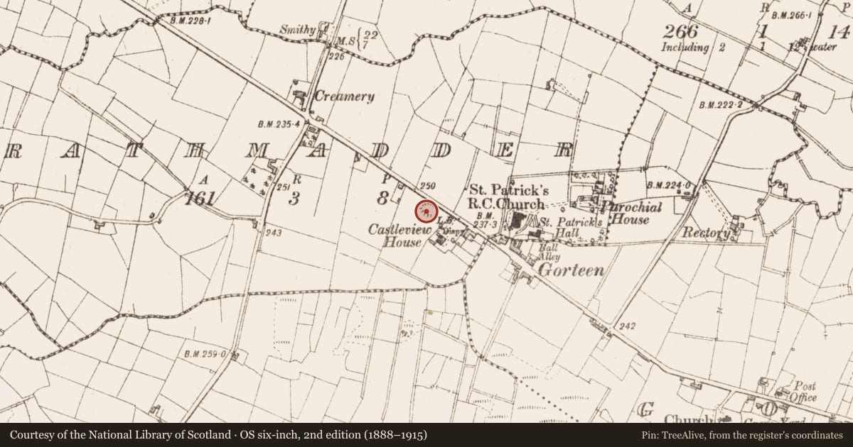 Ordnance Survey six-inch map, 2nd edition (1888–1915) covering the location of Enclosure, Rathmadder, County Sligo, with a pin at the register's coordinates
