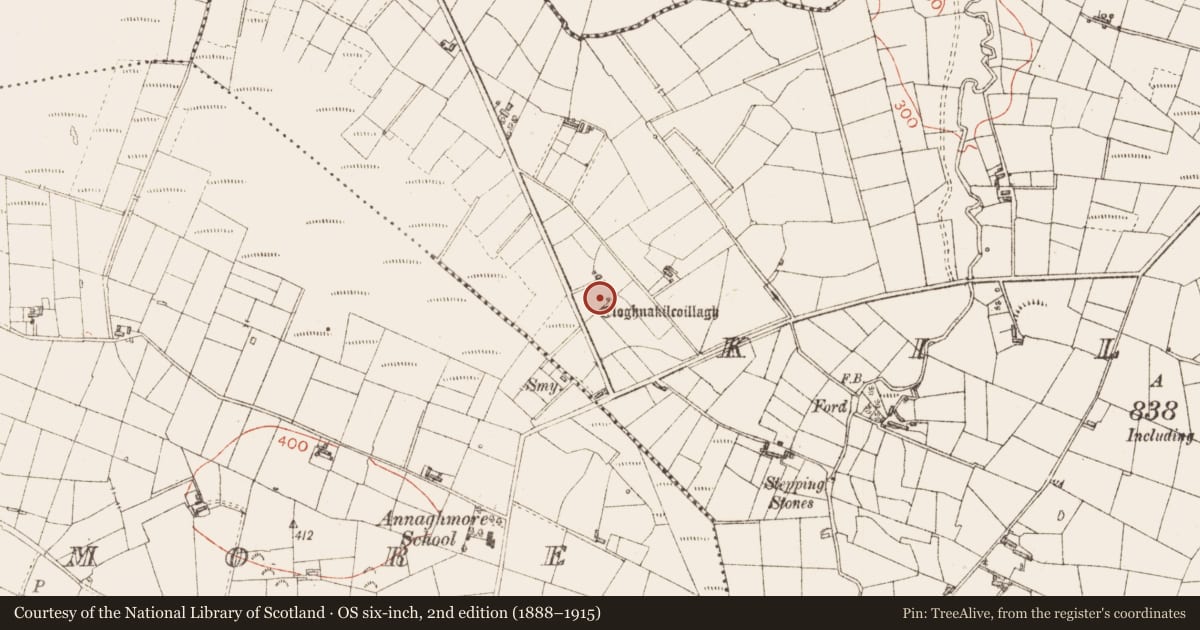 Ordnance Survey six-inch map, 2nd edition (1888–1915) covering the location of Standing stone, Kilfree, County Sligo, with a pin at the register's coordinates