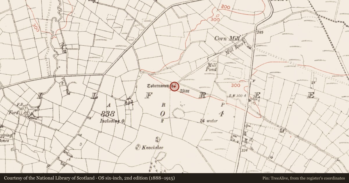Ordnance Survey six-inch map, 2nd edition (1888–1915) covering the location of Penitential station, Kilfree, County Sligo, with a pin at the register's coordinates