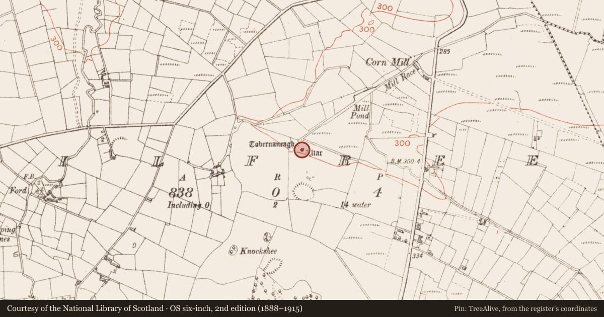 Ordnance Survey six-inch map, 2nd edition (1888–1915) covering the location of Ritual site - holy/saint's stone, Kilfree, County Sligo, with a pin at the register's coordinates