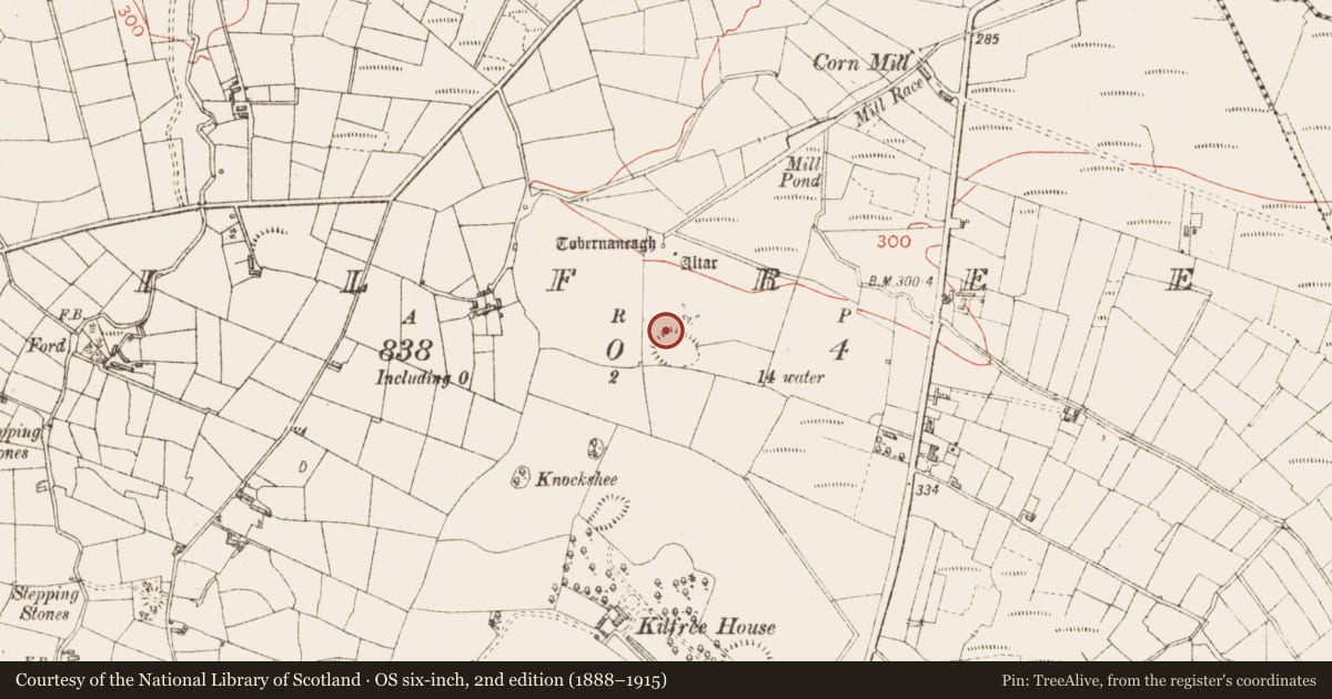 Ordnance Survey six-inch map, 2nd edition (1888–1915) covering the location of Kiln - lime, Kilfree, County Sligo, with a pin at the register's coordinates