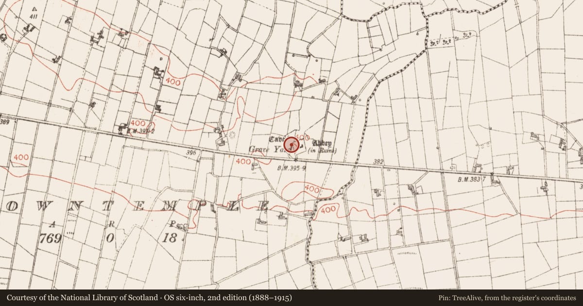 Ordnance Survey six-inch map, 2nd edition (1888–1915) covering the location of Ecclesiastical enclosure, Carrowntemple, County Sligo, with a pin at the register's coordinates