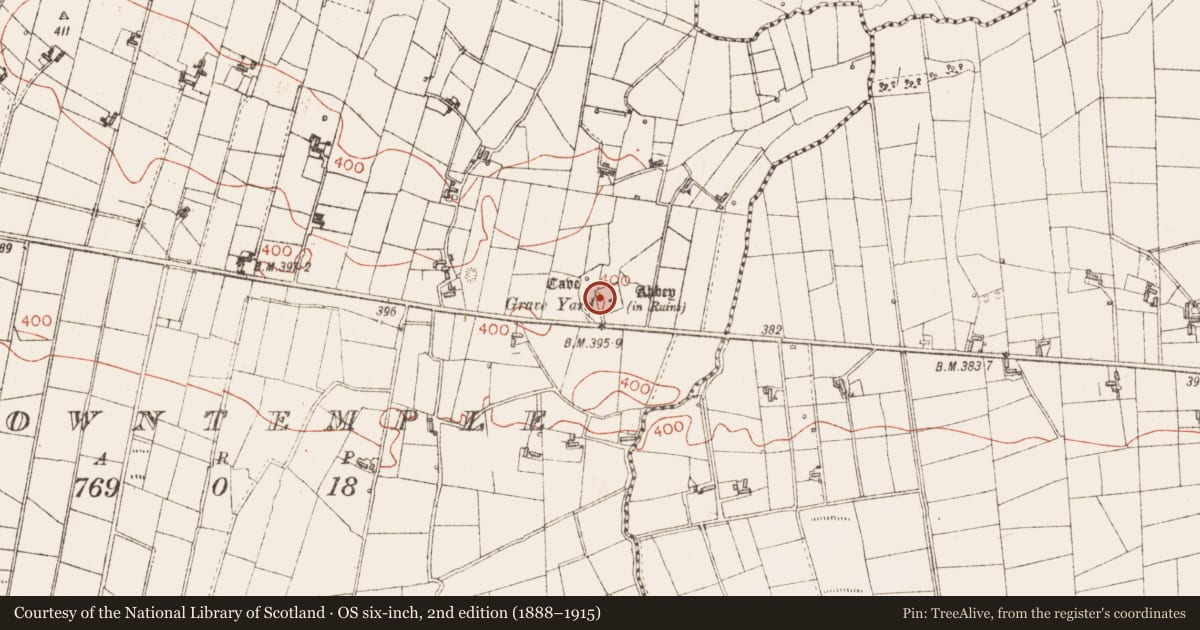 Ordnance Survey six-inch map, 2nd edition (1888–1915) covering the location of Cross-slab, Carrowntemple, County Sligo, with a pin at the register's coordinates