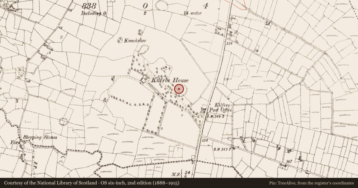 Ordnance Survey six-inch map, 2nd edition (1888–1915) covering the location of Enclosure, Kilfree, County Sligo, with a pin at the register's coordinates