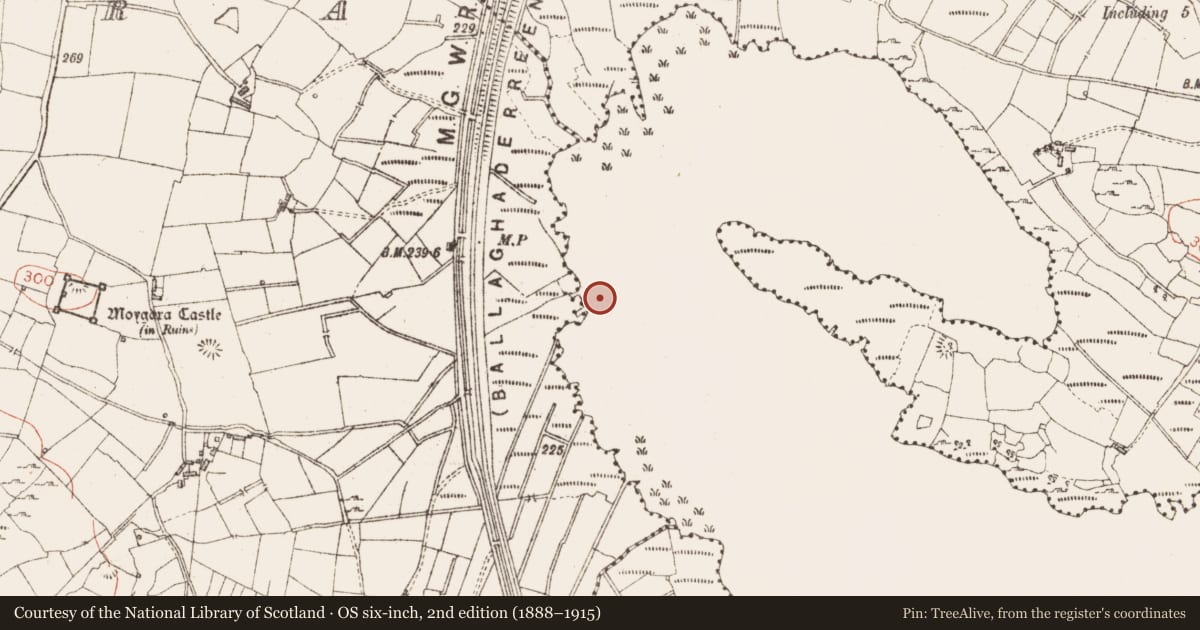 Ordnance Survey six-inch map, 2nd edition (1888–1915) covering the location of Crannog, Lough Gara, County Sligo, with a pin at the register's coordinates