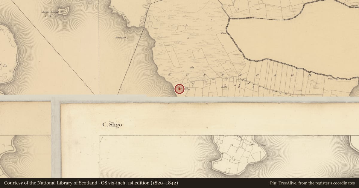 Ordnance Survey six-inch map, 1st edition (1829–1842) covering the location of Church, Cuppanagh, County Sligo, with a pin at the register's coordinates