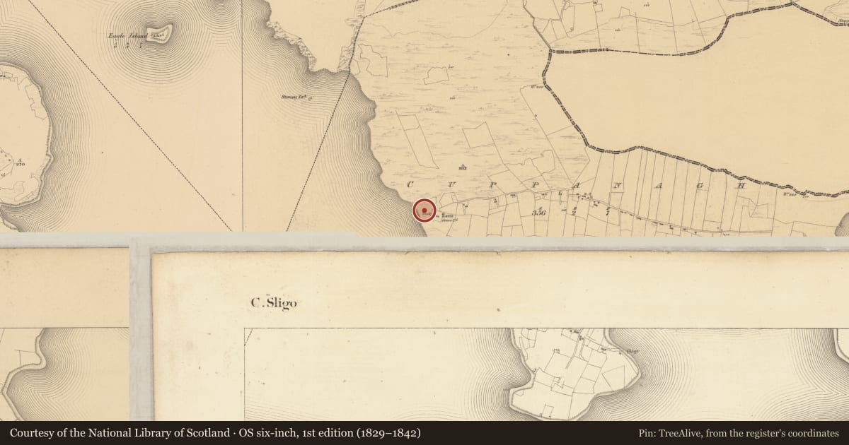 Ordnance Survey six-inch map, 1st edition (1829–1842) covering the location of Ecclesiastical enclosure, Cuppanagh, County Sligo, with a pin at the register's coordinates