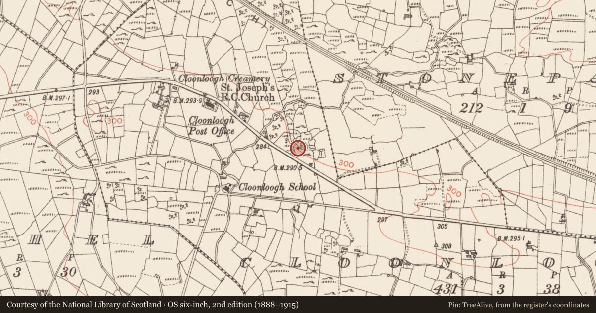 Ordnance Survey six-inch map, 2nd edition (1888–1915) covering the location of Ringfort - cashel, Cloonloogh, County Sligo, with a pin at the register's coordinates