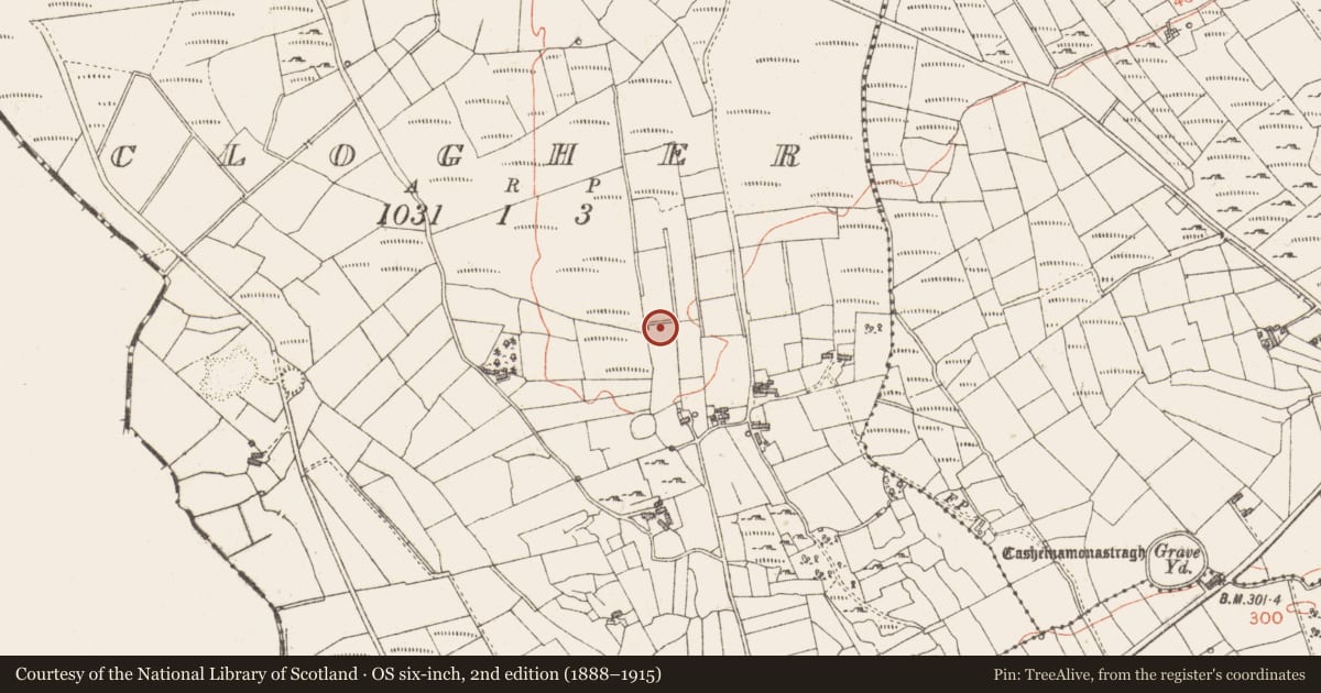 Ordnance Survey six-inch map, 2nd edition (1888–1915) covering the location of Boulder-burial, Clogher, County Sligo, with a pin at the register's coordinates