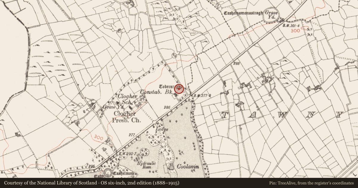 Ordnance Survey six-inch map, 2nd edition (1888–1915) covering the location of Ritual site - holy well, Clogher, County Sligo, with a pin at the register's coordinates