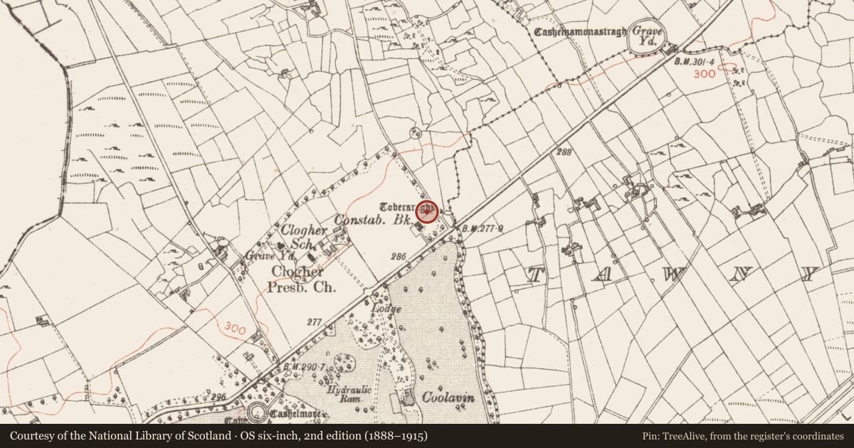Ordnance Survey six-inch map, 2nd edition (1888–1915) covering the location of Crucifixion plaque, Clogher, County Sligo, with a pin at the register's coordinates