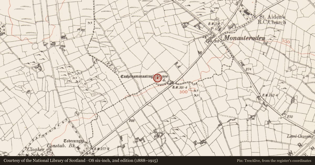 Ordnance Survey six-inch map, 2nd edition (1888–1915) covering the location of Church, Monasterredan, County Sligo, with a pin at the register's coordinates