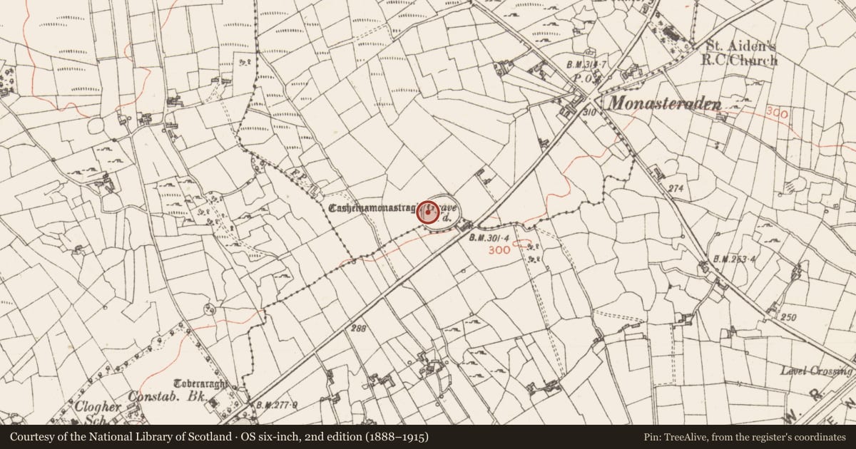 Ordnance Survey six-inch map, 2nd edition (1888–1915) covering the location of Ecclesiastical enclosure, Monasterredan, County Sligo, with a pin at the register's coordinates