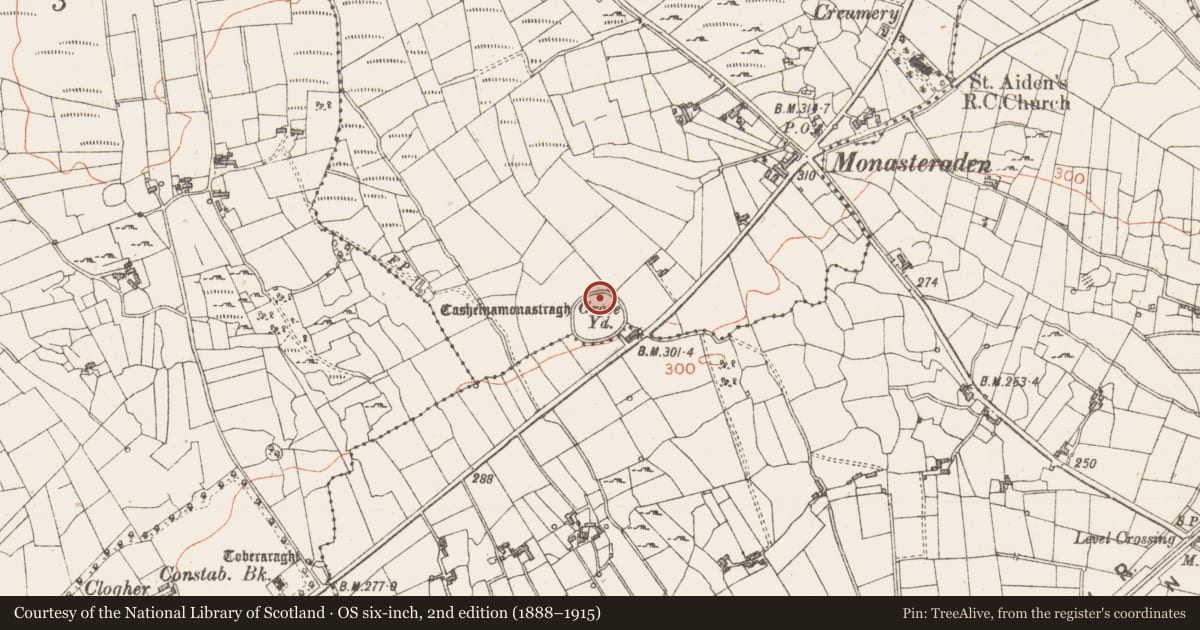 Ordnance Survey six-inch map, 2nd edition (1888–1915) covering the location of Bullaun stone, Monasterredan, County Sligo, with a pin at the register's coordinates