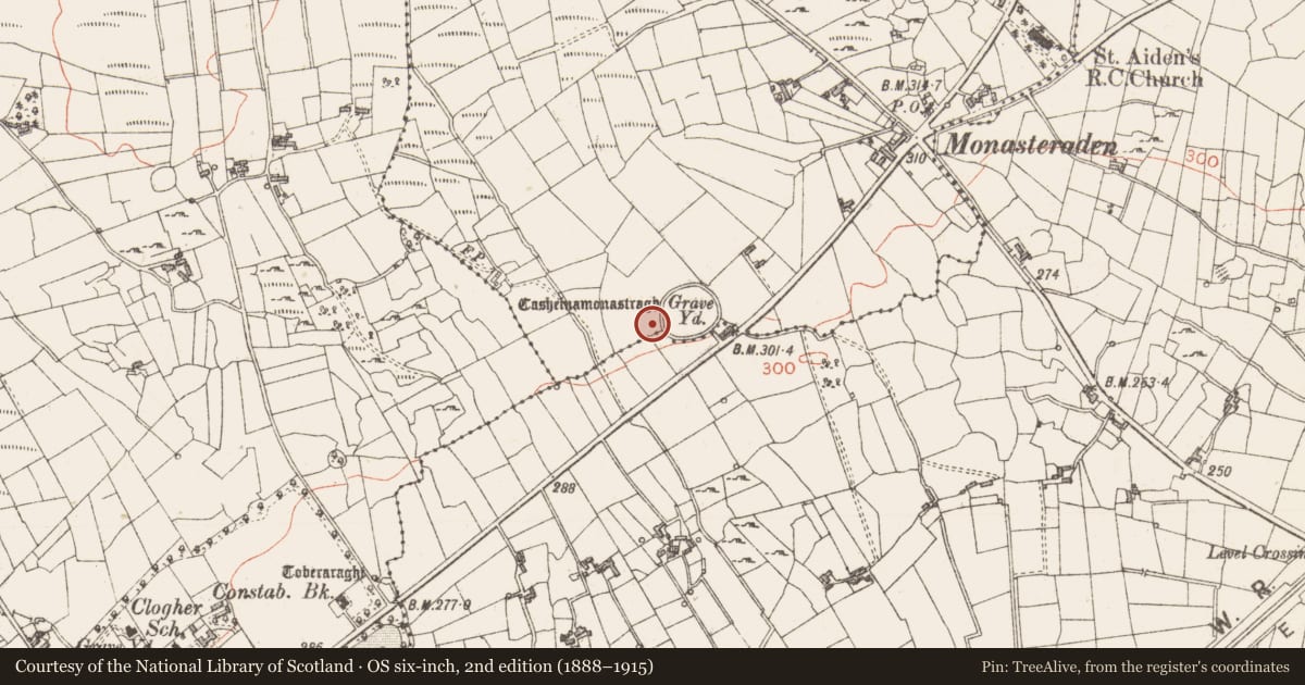 Ordnance Survey six-inch map, 2nd edition (1888–1915) covering the location of Cross-slab, Monasterredan, County Sligo, with a pin at the register's coordinates