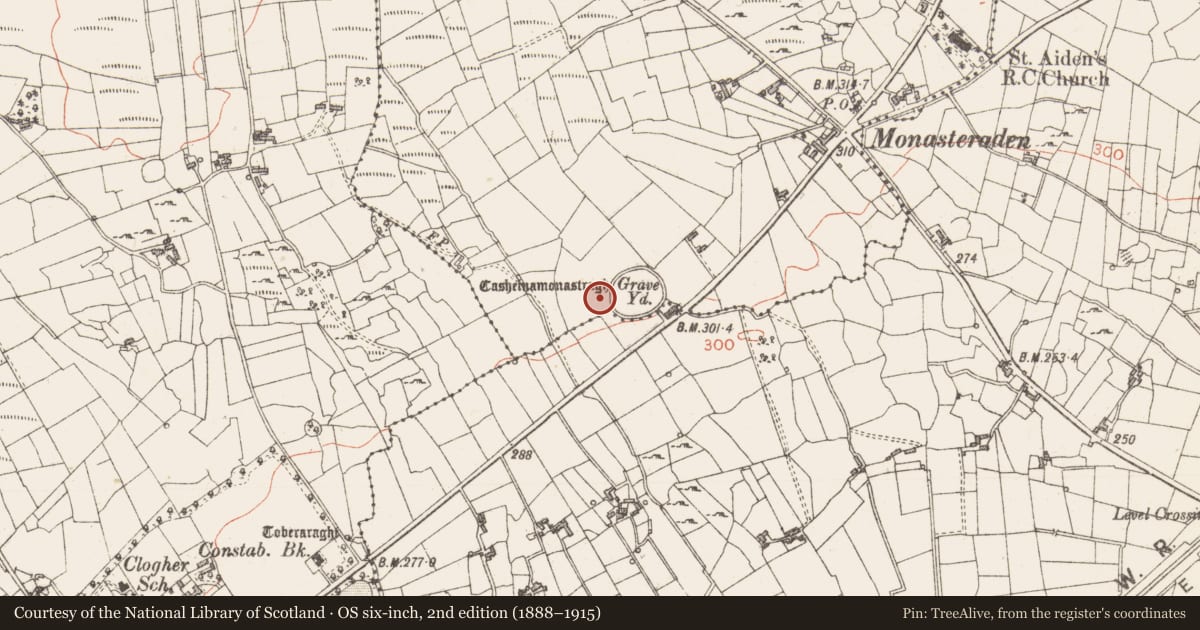 Ordnance Survey six-inch map, 2nd edition (1888–1915) covering the location of Kiln - corn-drying, Monasterredan, County Sligo, with a pin at the register's coordinates