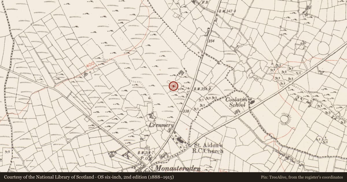 Ordnance Survey six-inch map, 2nd edition (1888–1915) covering the location of Ringfort - cashel, Monasterredan, County Sligo, with a pin at the register's coordinates