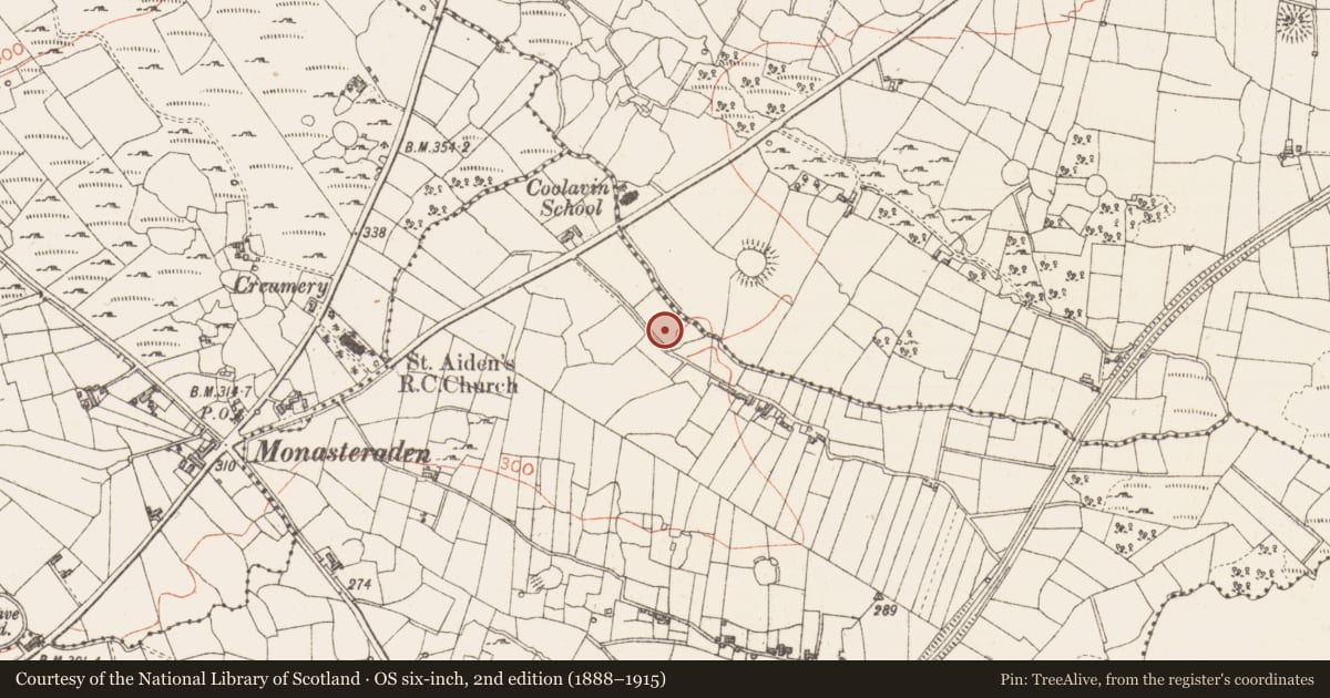 Ordnance Survey six-inch map, 2nd edition (1888–1915) covering the location of Enclosure, Tawnymucklagh, County Sligo, with a pin at the register's coordinates