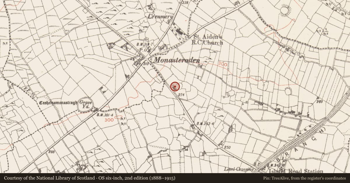 Ordnance Survey six-inch map, 2nd edition (1888–1915) covering the location of Ringfort - rath, Tawnymucklagh, County Sligo, with a pin at the register's coordinates